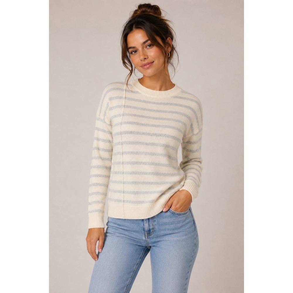 ATM Cream Gray Stripe 100% Cashmere Sweater Classic Pullover Soft XS